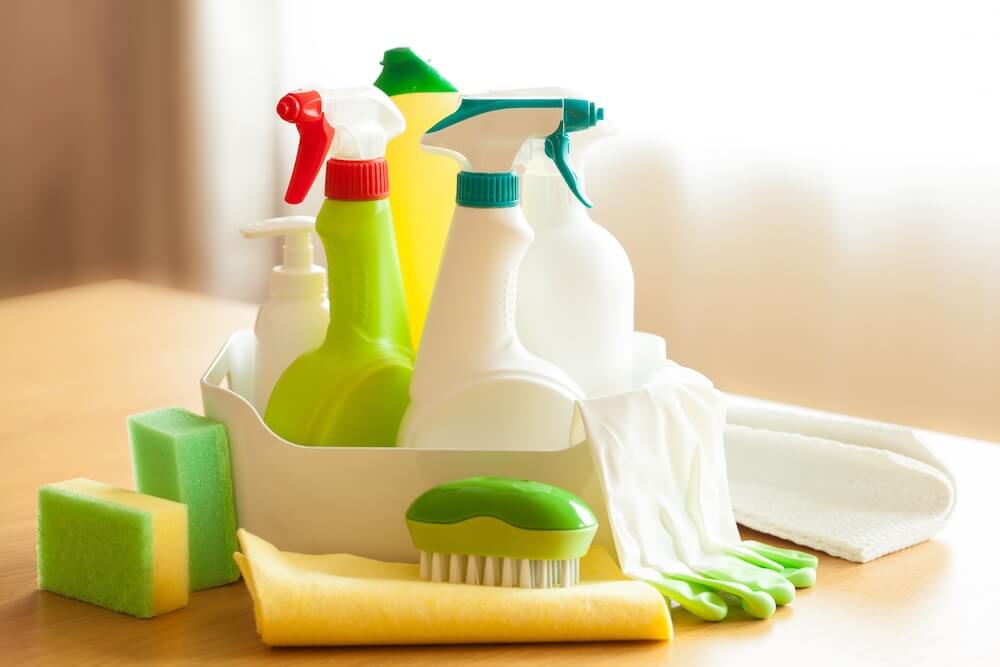 cleaning supplies on table